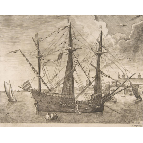 Трёх мачтовый военный корабль на якоре вблизи города (ок 1555-1556) (2540х2000)