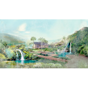 Дом среди водопадов, гор и пальм (7050х3950)
