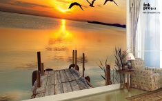 Фотообои «Закат на озере с птицами»