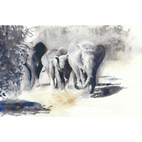 Бегущие слоны акварелью