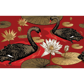 Чёрные лебеди, цветы и листья водяной лилии
